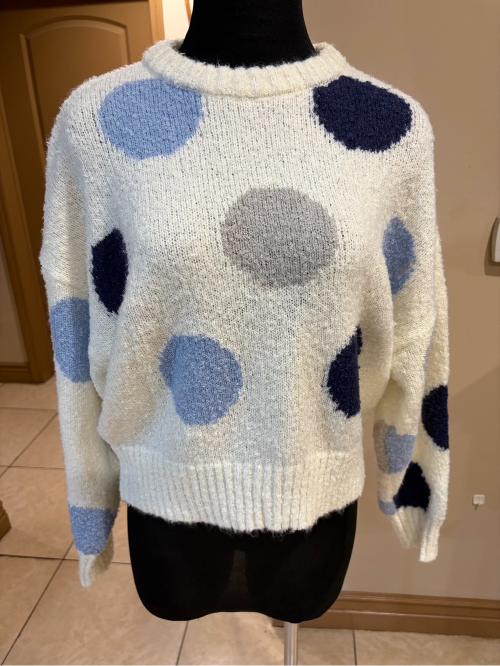 Blu Pepper Cream Crewneck Sweater with Navy, Light Blue, and Gray Polka Dots